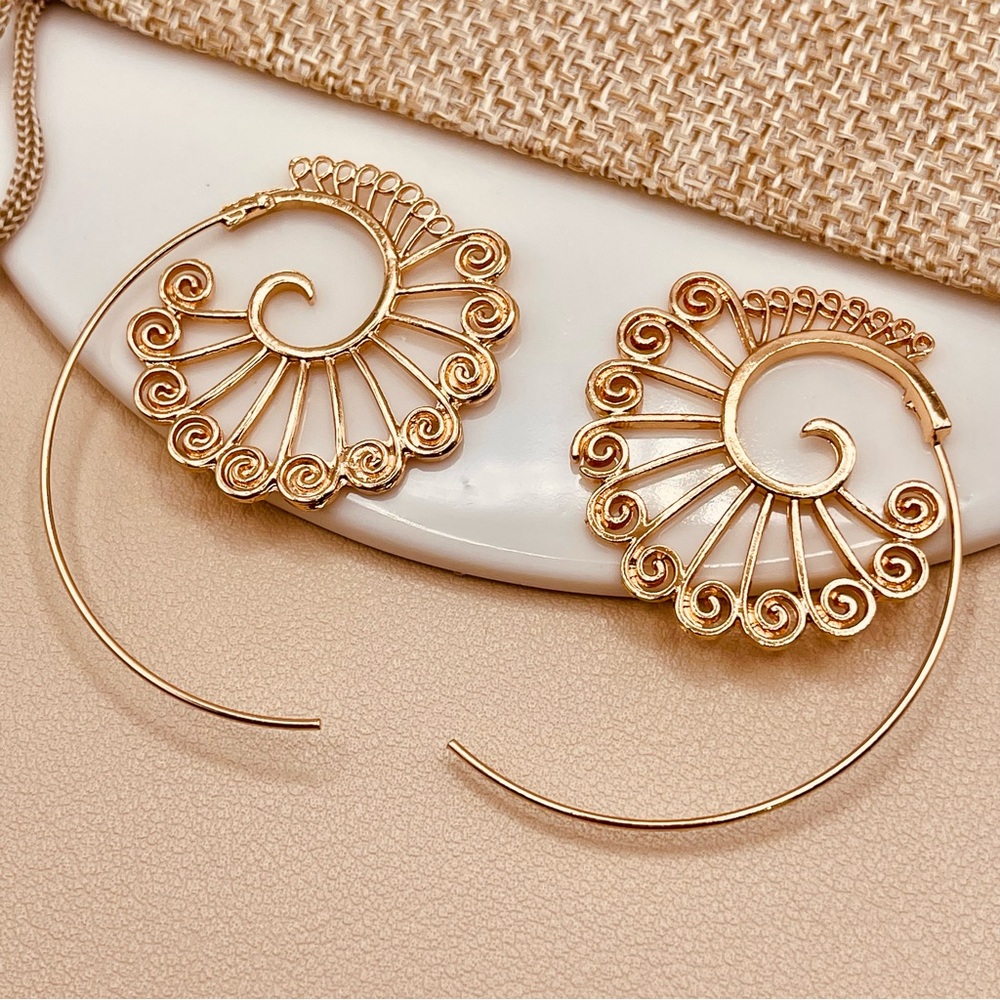 Vintage Bohemian Gold Spiral Hoop Earrings